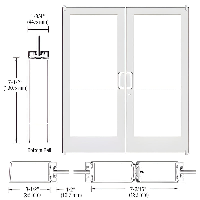 Technical diagram showing the elevation and cross-section profiles of a pair of Series 400 medium stile offset pivot entrance doors in Bone White KYNAR.