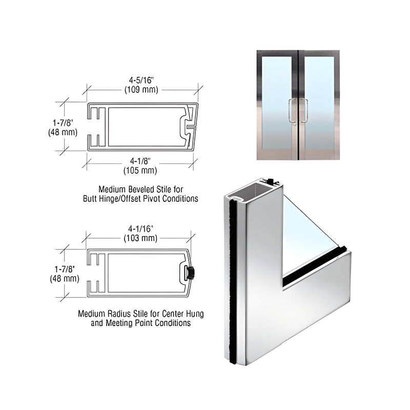 Technical diagrams and a corner profile view of the CRL medium stile clad full framed door system in polished stainless steel.
