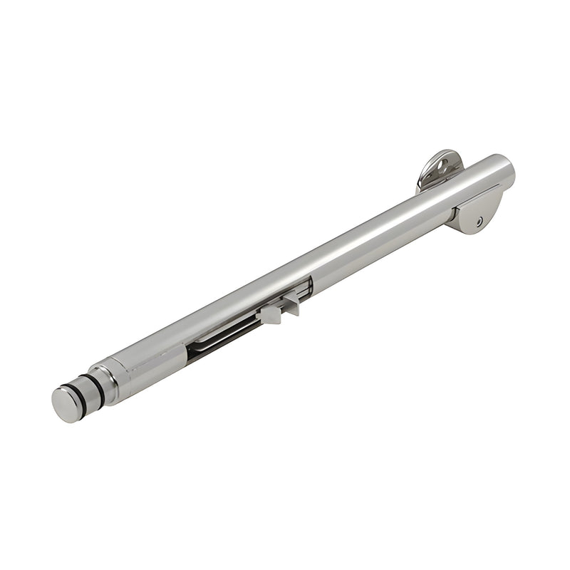 A polished stainless steel Laguna right hand soft brake kit component for sliding door hardware.