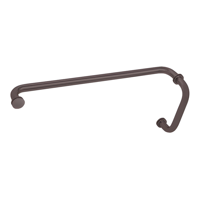 An oil rubbed bronze BM series combination pull handle and towel bar with metal washers.