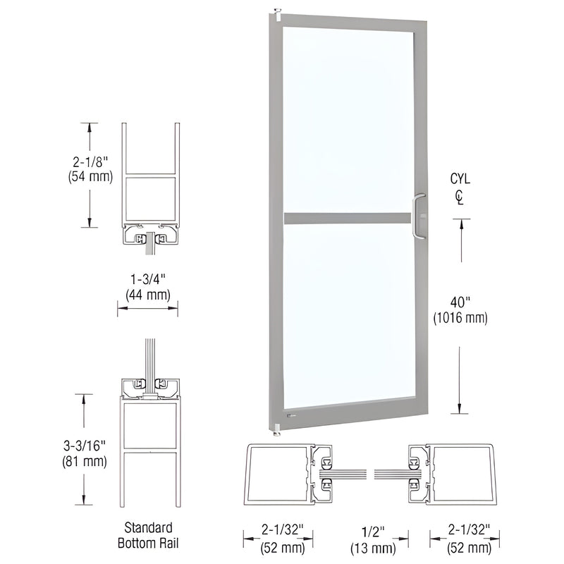 A technical diagram showing a 36"x 84" Series 250 narrow stile aluminum entrance door with a clear anodized finish and rim device.
