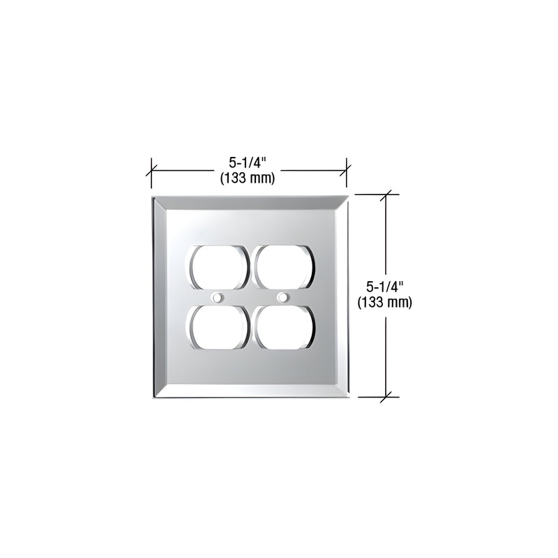 A square clear glass double duplex wall plate measuring 5-1/4 inches by 5-1/4 inches.