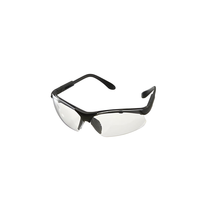 A pair of CRL Radians Vector safety glasses featuring clear polycarbonate lenses and a black frame.