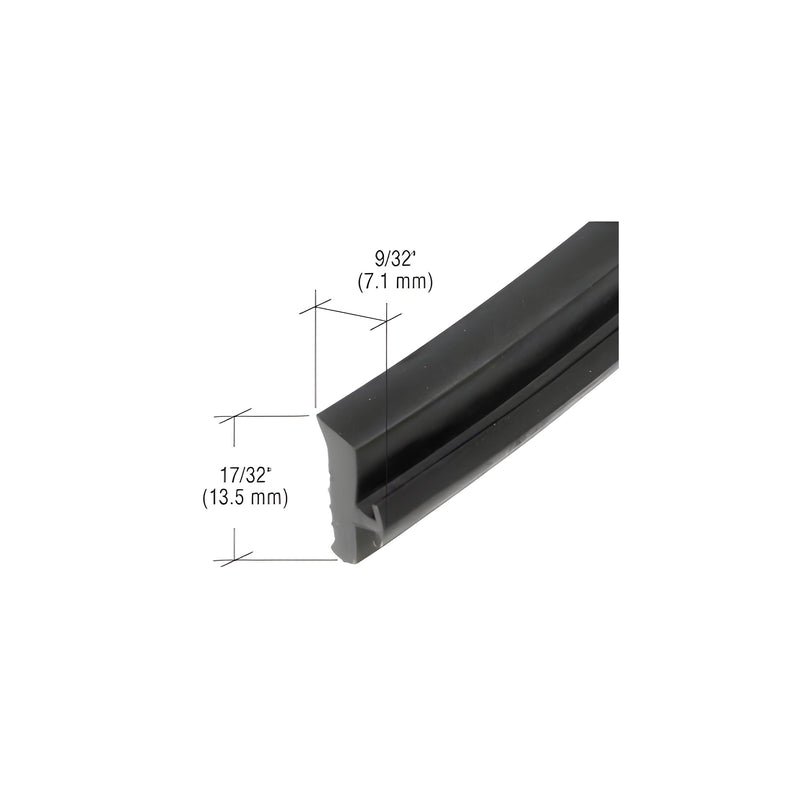 A close-up view of a black EPDM curtainwall gasket showing its profile dimensions of 9/32 inch by 17/32 inch.