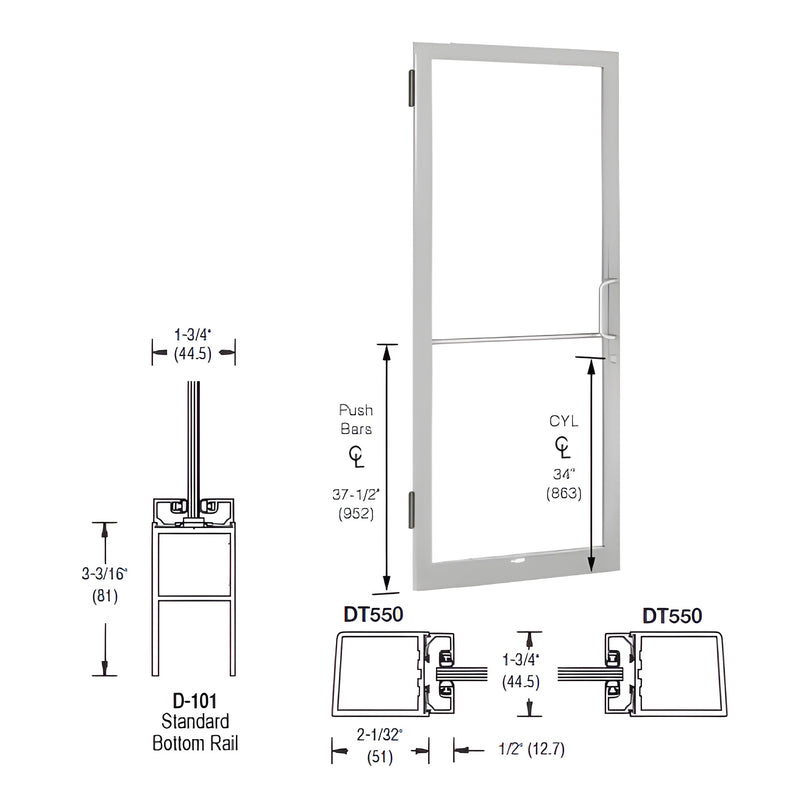 Technical line drawing showing the dimensions and profile of a CRL-U.S. Aluminum 250 Series narrow stile single door with butt hinges.