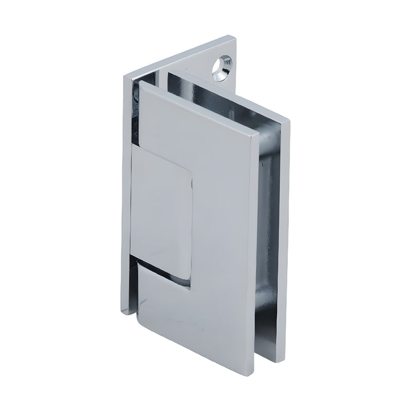 A polished chrome Geneva 044 series wall mount offset back plate hinge shown from an angled perspective.