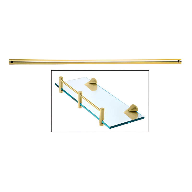 A 36-inch polished brass shelf rod shown individually and installed as a safety rail on a glass shelf.