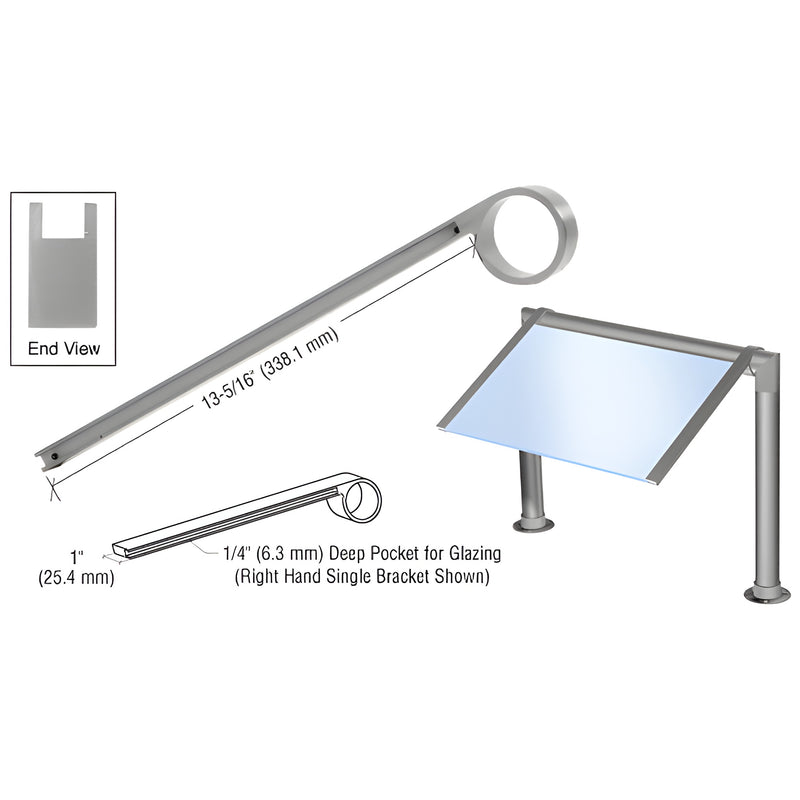 A technical diagram showing a brushed nickel right-hand single-sided sneeze guard bracket designed for 2-inch tubing with glass installation details.