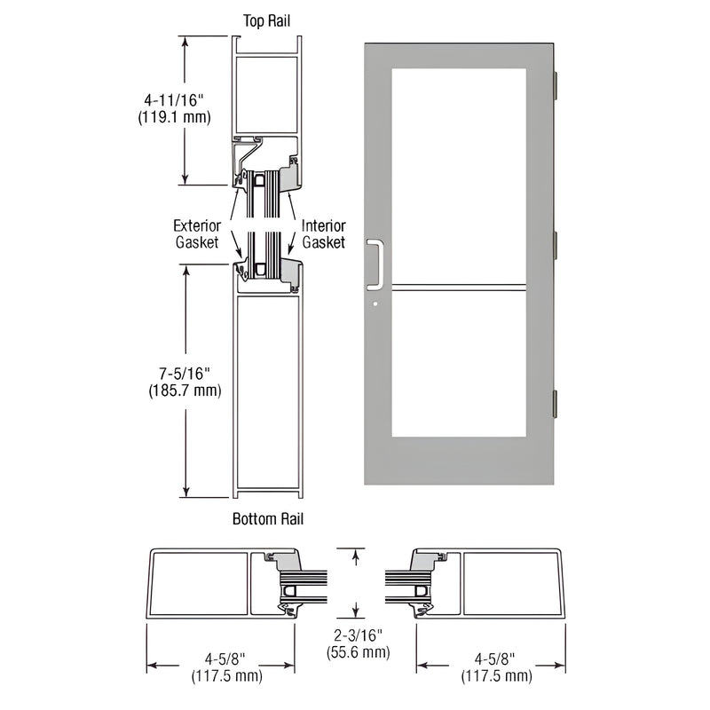 Technical diagram showing the cross-section profiles and elevation view of the IG600 Hurricane Series entrance door with a white Kynar finish.