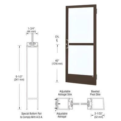 CRL-U.S. Aluminum Bronze Black Anodized 250 Series Narrow Stile Active Leaf of Pair 3'0 x 7'0 Offset Hung with Butt Hinges for Surface Mount Closer Complete Panic Door for 1" Glass with Standard Panic and 9-1/2" Bottom Rail