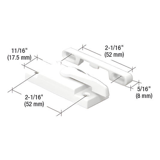 White die-cast sash window lock and keeper (SKU F2625), 2-1/16" base, 11/16" backset, includes screws.