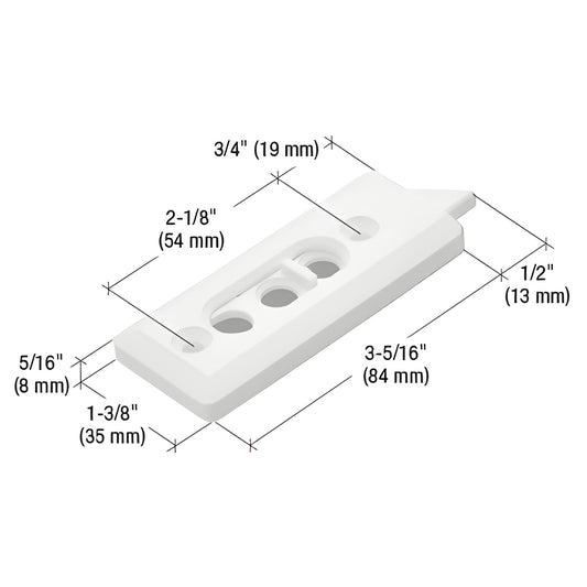White plastic spring-loaded tilt window latch pair (left & right), SKU F2728; 3-5/16" long, 2-1/8" hole spacing