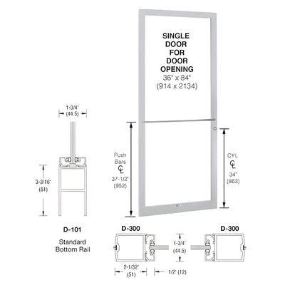 CRL-U.S. Aluminum Clear Anodized 250 Series Narrow Stile (LHR) HLSO Single 3'0 x 7'0 Center Hung for OHCC w/Standard Push Bars Complete Door Std. MS Lock & Bottom Rail