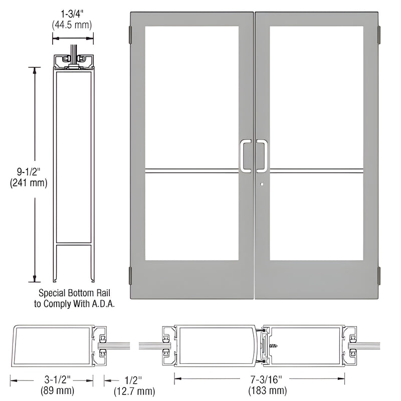 Technical drawing showing a pair of medium stile butt hinged entrance doors with a clear anodized finish and ADA-compliant bottom rail.