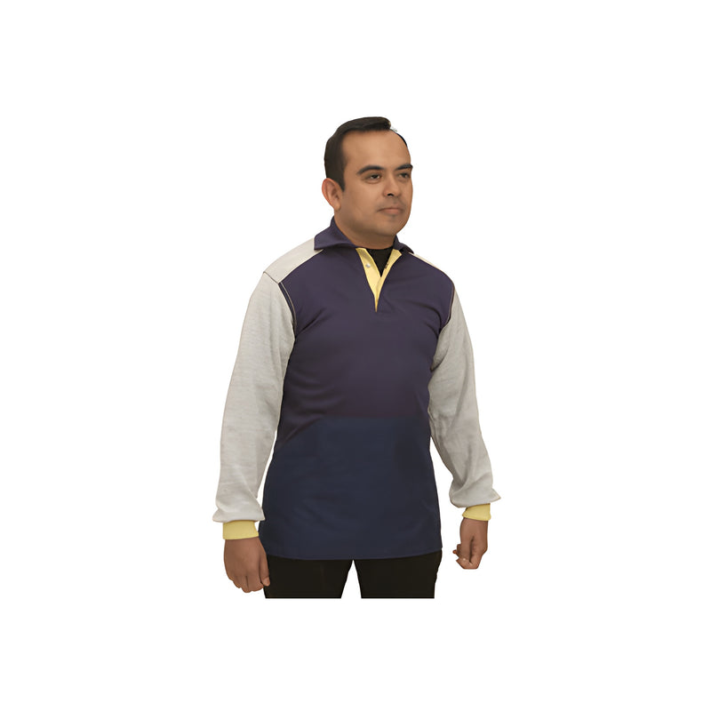 A man wearing a two-tone Cordura cut protection polo shirt with long sleeves.
