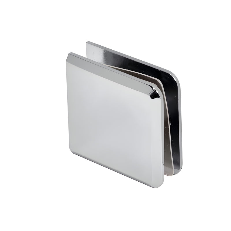 A polished chrome beveled glass clamp shown from an angled perspective.
