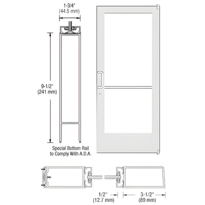 CRL-U.S. Aluminum White KYNAR® Paint 400 Series Medium Stile Active Leaf of Pair 3'0 x 7'0 Offset Hung with Pivots for Surf Mount Closer Complete Door Std. Lock and 9-1/2" Bottom Rail