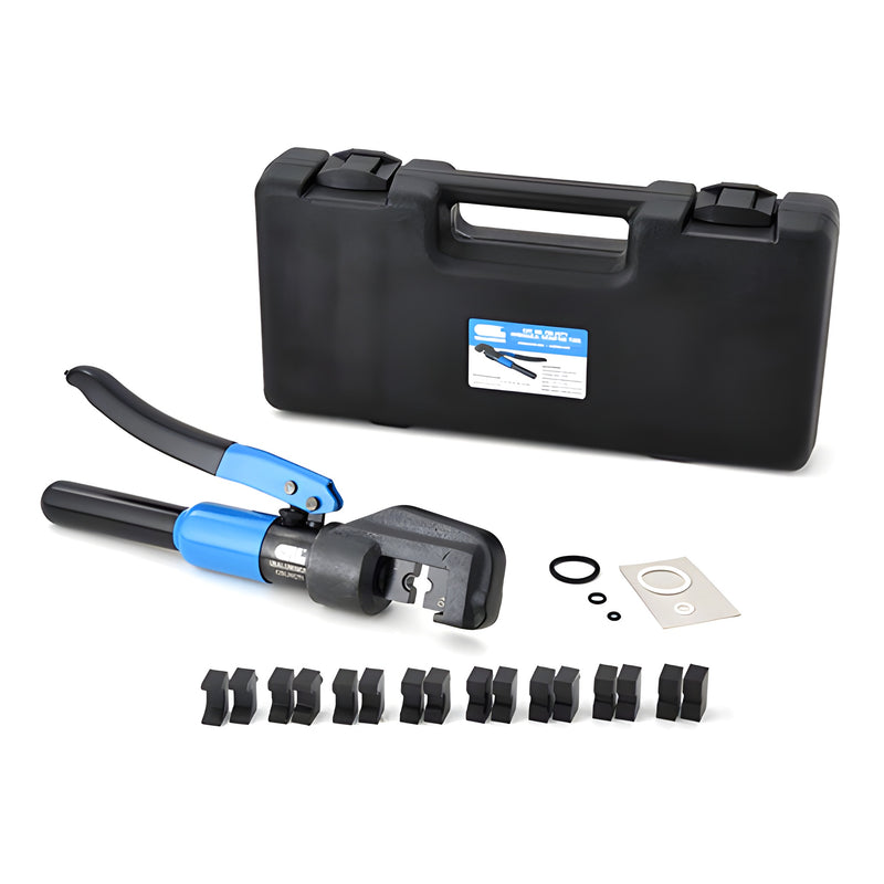 The CRL hydraulic wire crimping tool is displayed with its black carrying case, multiple crimping dies, and small replacement O-rings.