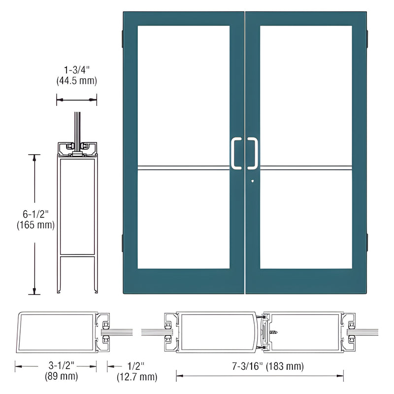 Technical diagram showing the elevation and cross-section profiles of a pair of Series 400 medium stile butt hinged entrance doors.