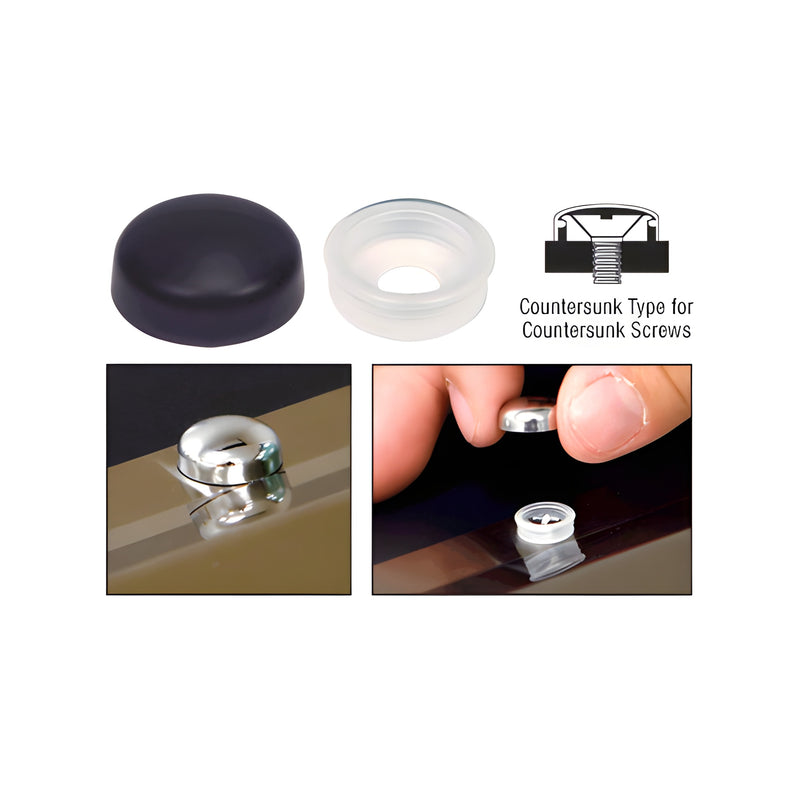 A set of black snap cap screw covers for #8 countersunk fasteners shown with installation components and application examples.