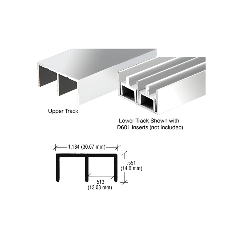 A technical diagram and perspective view showing the profile of a brite anodized aluminum upper or lower channel for sliding glass tracks.