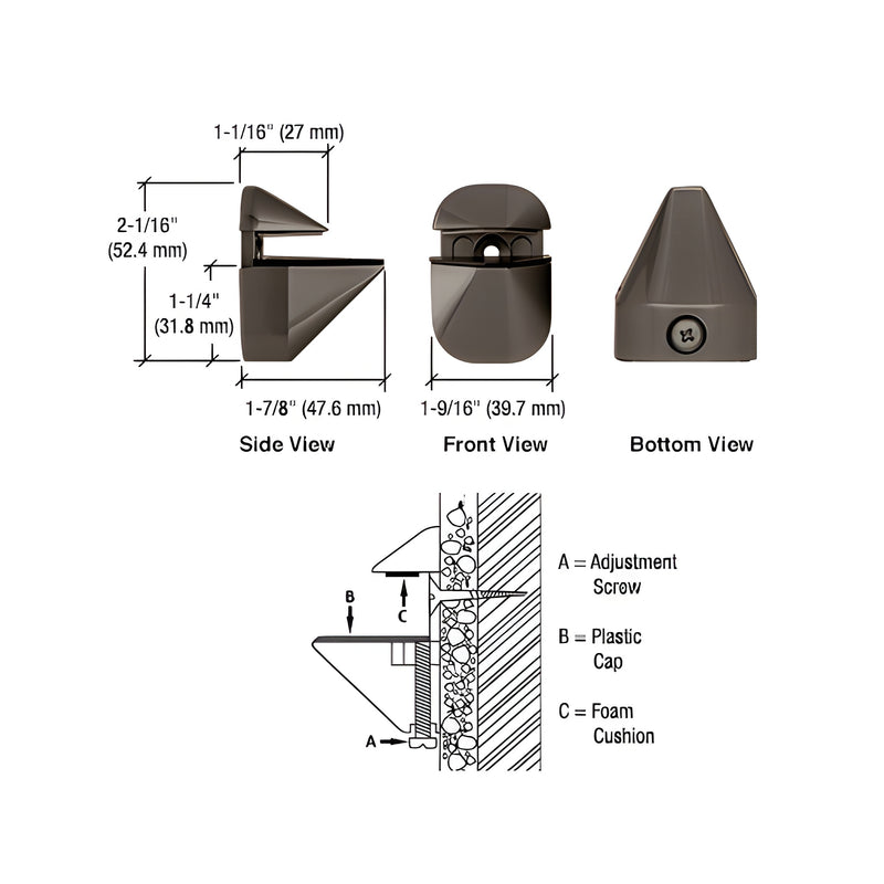 Technical diagram showing side, front, and bottom views of the oil rubbed bronze adjustable shelf clamp with installation details.