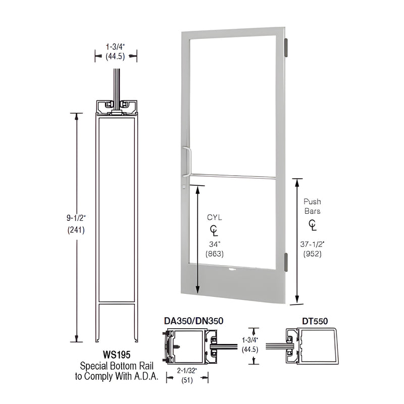 Technical diagram showing the dimensions and components of a 250 Series narrow stile active leaf door with a 9-1/2 inch bottom rail.