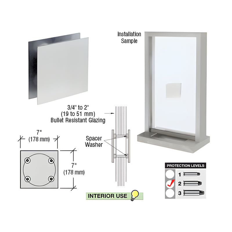 A diagram showing the 7-inch square polished stainless steel bullet-resistant speak-thru, including installation details and protection level specifications.