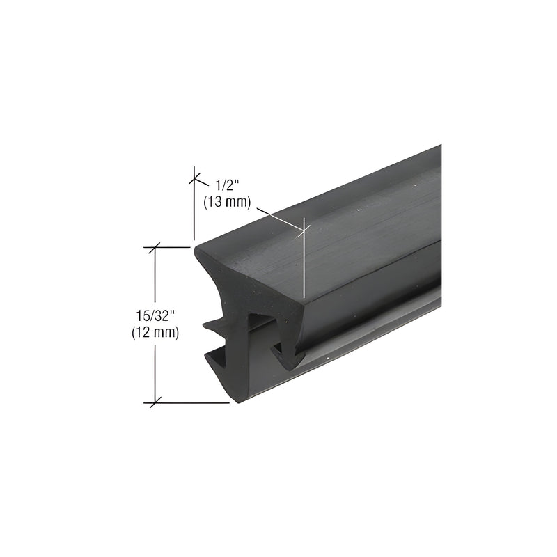 A close-up view of a black EPDM universal storefront gasket showing its 1/2 inch by 15/32 inch profile dimensions.