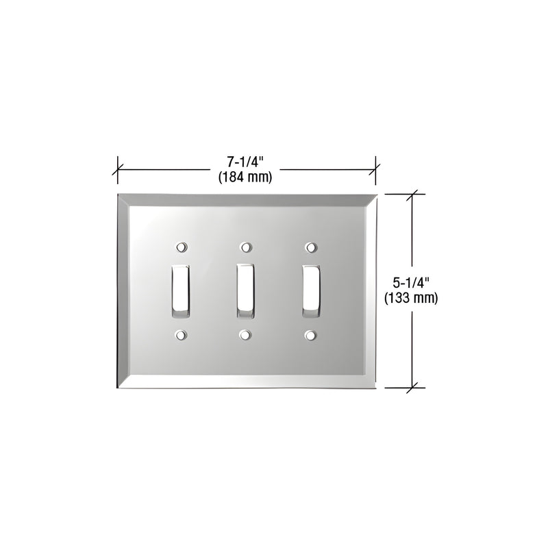 A gray glass triple toggle switch plate shown with dimension lines indicating a height of 5-1/4 inches and a width of 7-1/4 inches.