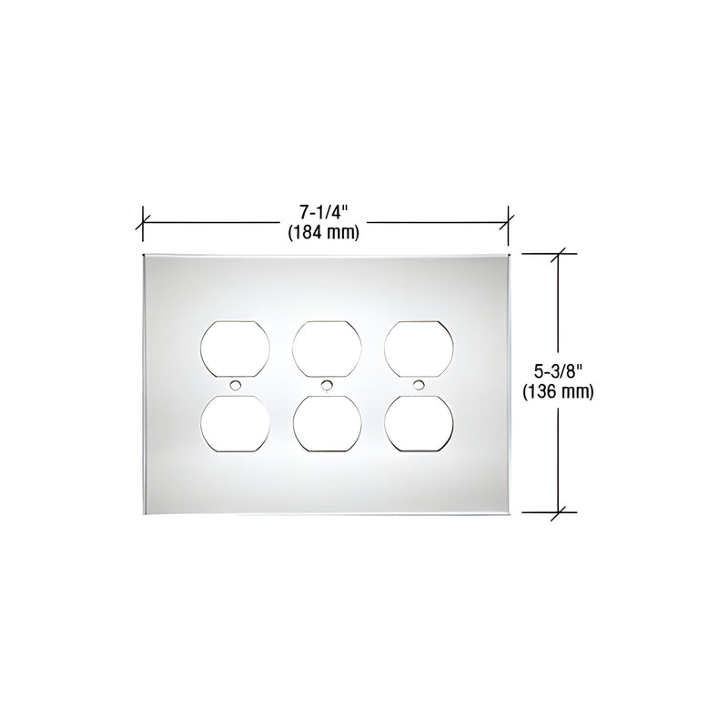 A clear acrylic triple duplex wall plate shown with dimension lines indicating a width of 7-1/4 inches and a height of 5-3/8 inches.
