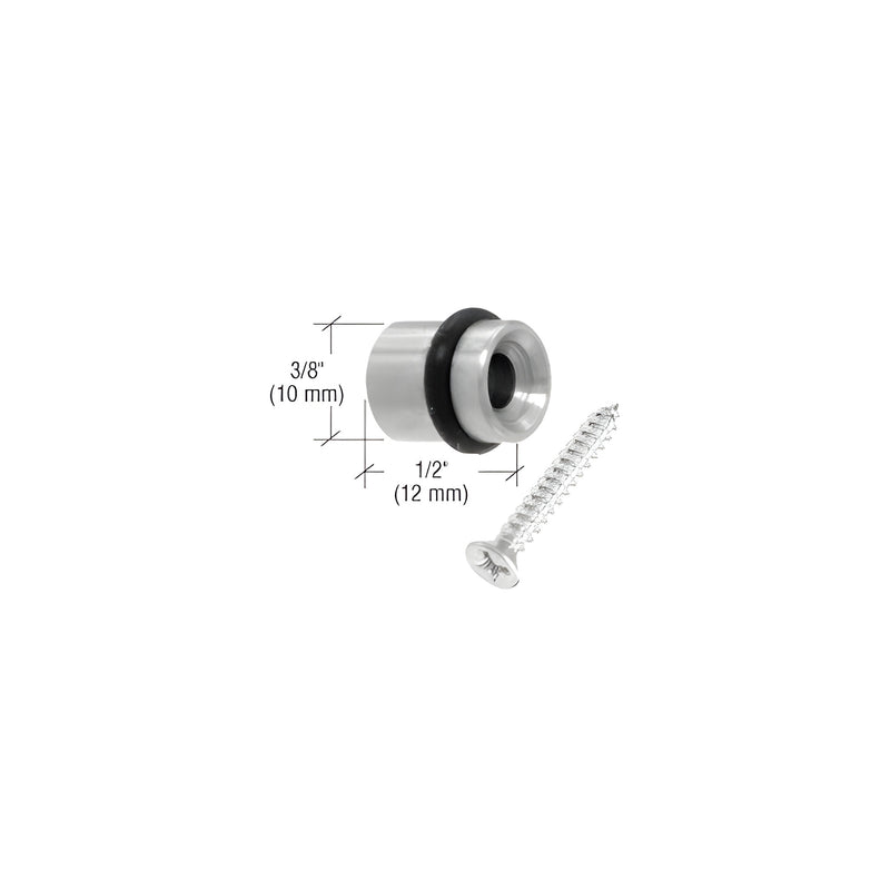 A brushed stainless steel UV shelf support shown with its included mounting screw and dimension labels.