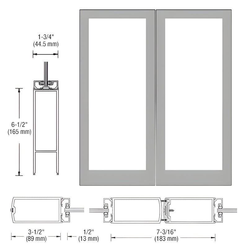 Technical diagram showing the profile and dimensions of a CRL-U.S. Aluminum 400 medium stile center hung entrance door pair.