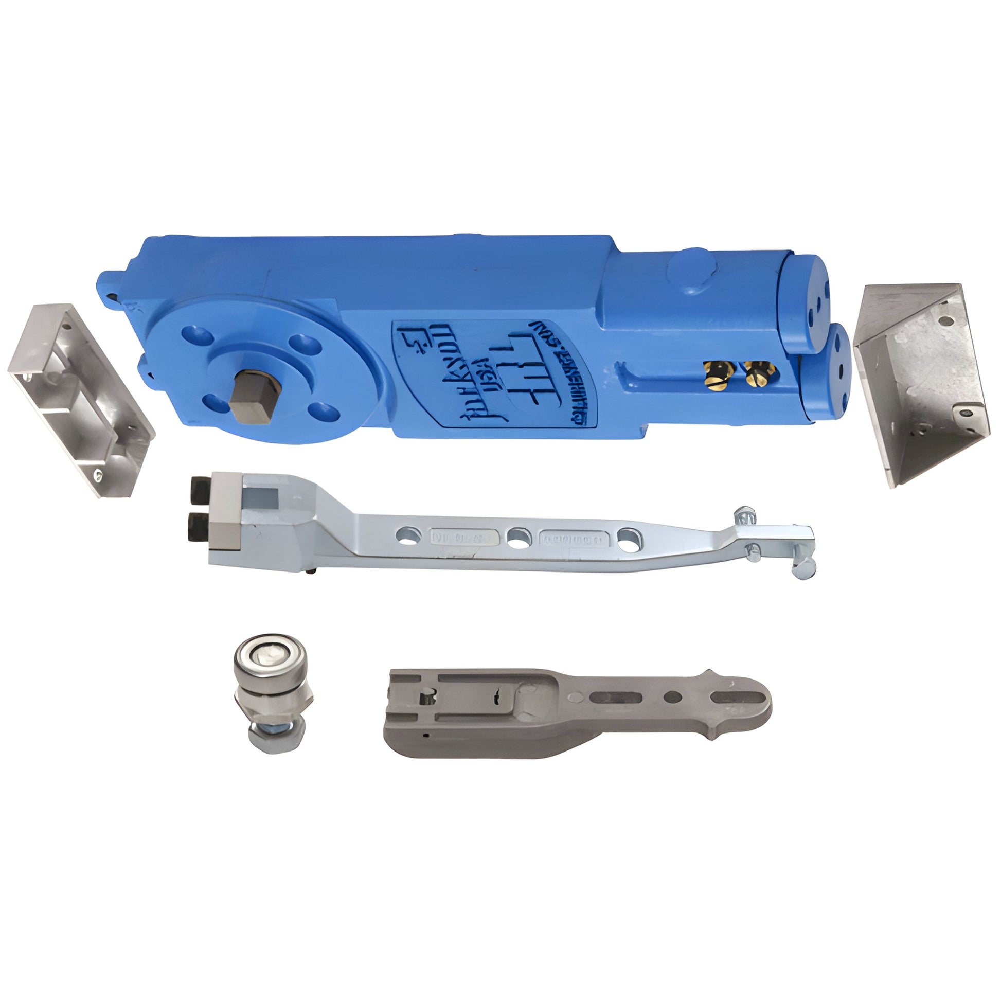 CRL Jackson overhead concealed door closer kit (SKU 21101A17) blue aluminum body with threshold pivot and hardware.