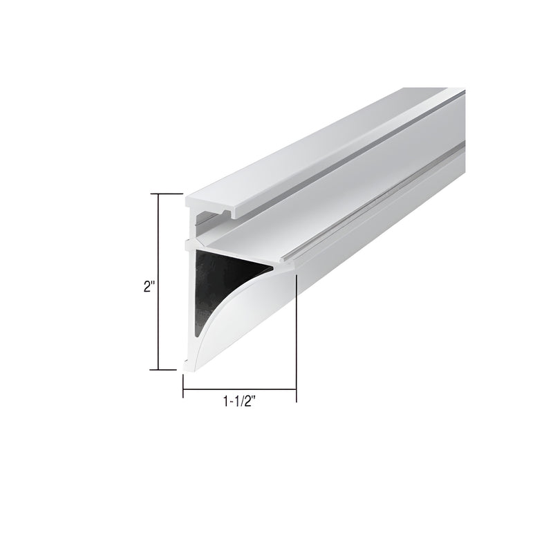 A close-up view of a brite anodized aluminum shelving extrusion with dimension labels showing a 2-inch height and 1-1/2-inch depth.