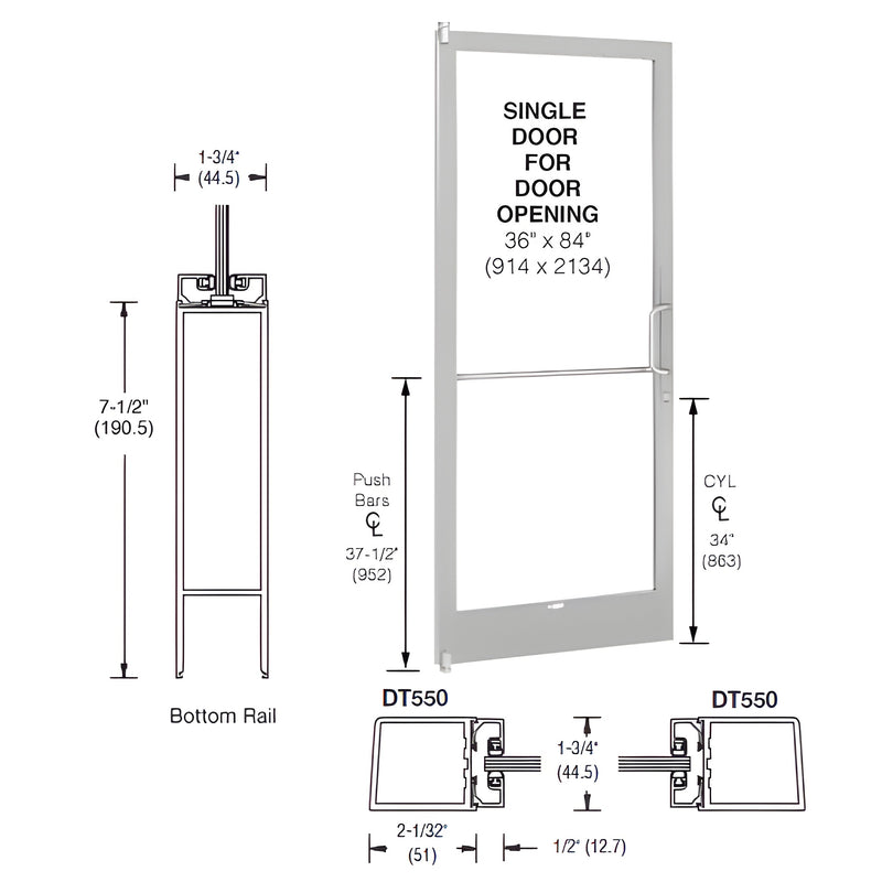 Technical diagram showing the dimensions and components of a 250 Series narrow stile single door with a 7-1/2 inch bottom rail.