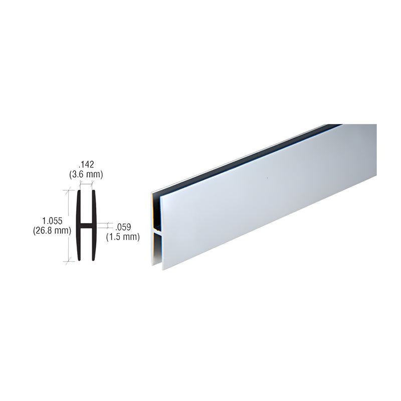 A length of satin anodized aluminum H-channel shown next to a technical cross-section diagram indicating its 1.055-inch height.