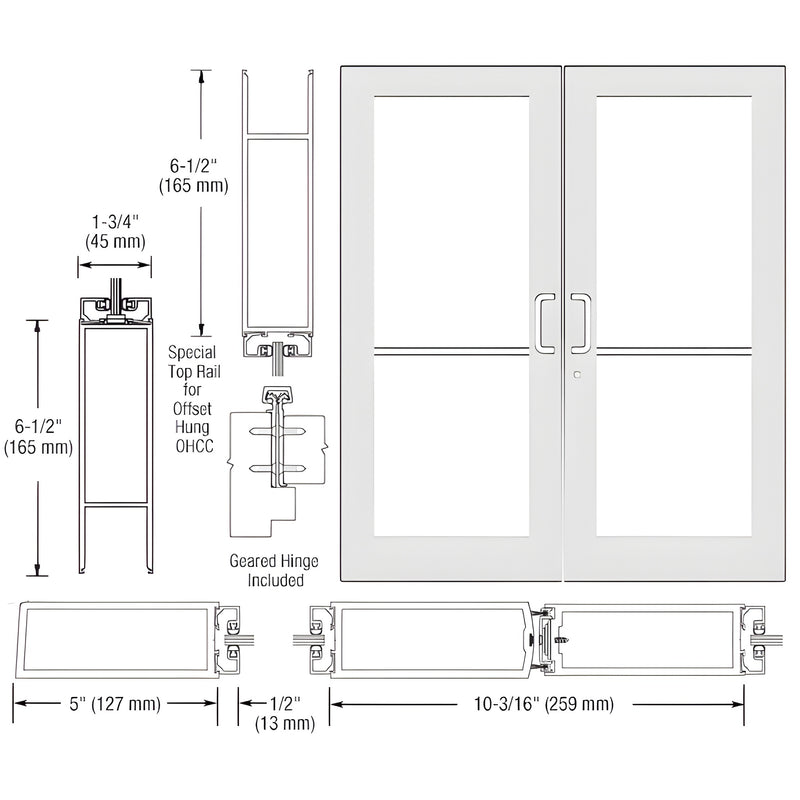 Technical diagram showing the profile and assembly of Series 550 wide stile entrance doors with geared hinges and overhead concealed door closer components.