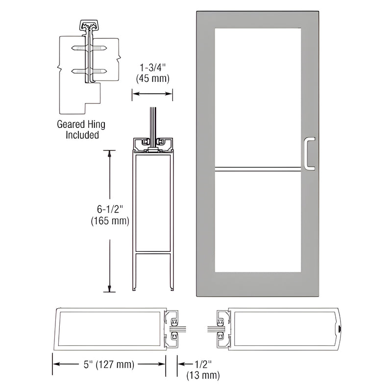 Technical diagram showing the profile, dimensions, and geared hinge assembly of a 550 Series wide stile inactive door leaf.