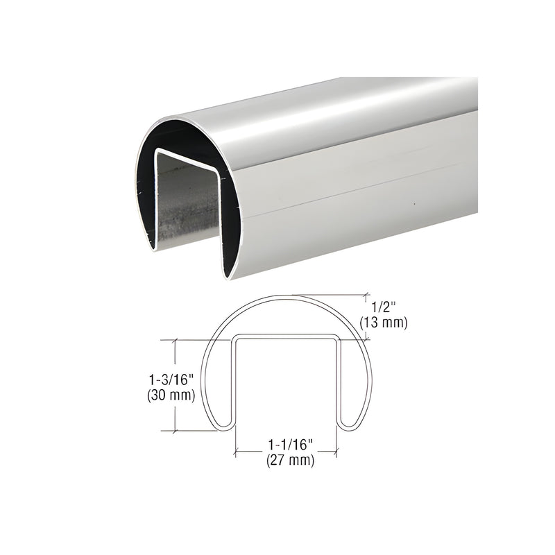 A polished 316 stainless steel roll form cap rail shown with a technical cross-section diagram indicating dimensions.