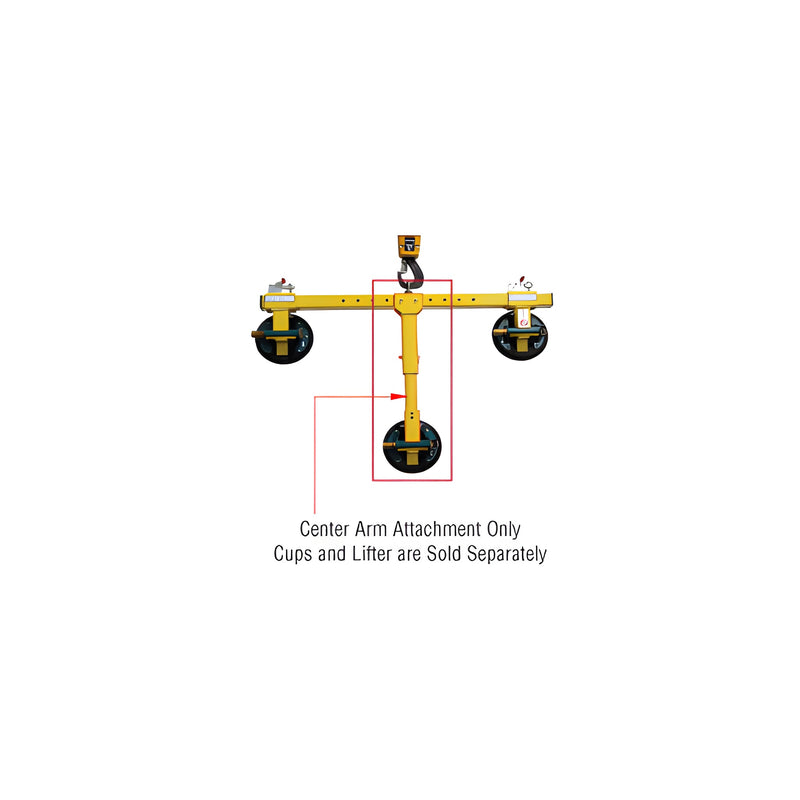 The adjustable yellow center arm assembly is highlighted on a three-pad Wood's Powr-Grip ladder lifter.