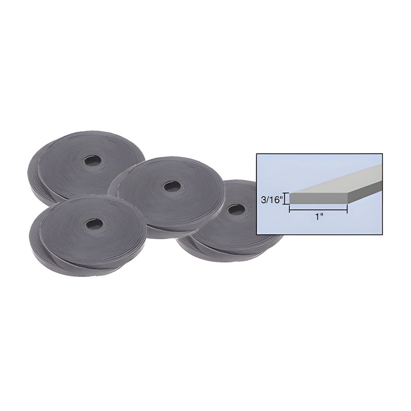 Several rolls of black flexible PVC setting block material are shown with an inset diagram illustrating the 3/16 inch thickness and 1 inch width.