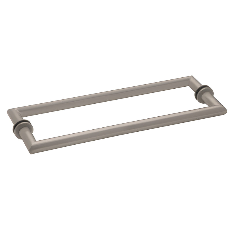 A brushed nickel 24-inch back-to-back towel bar with a squared tubular design for glass shower enclosures.