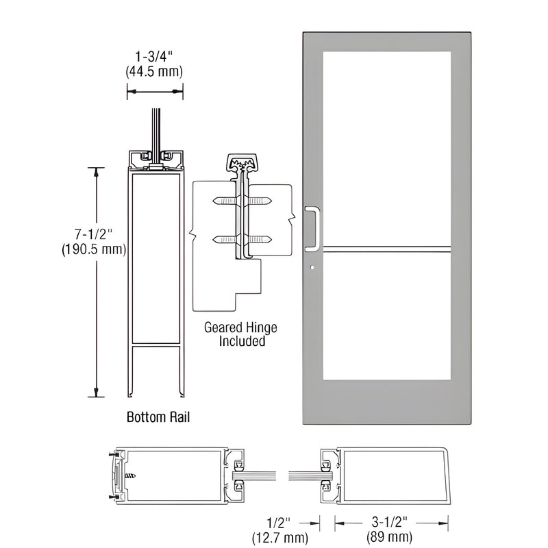 Technical diagram showing the profile and dimensions of a 400 Series medium stile aluminum door with a geared hinge and 7-1/2 inch bottom rail.