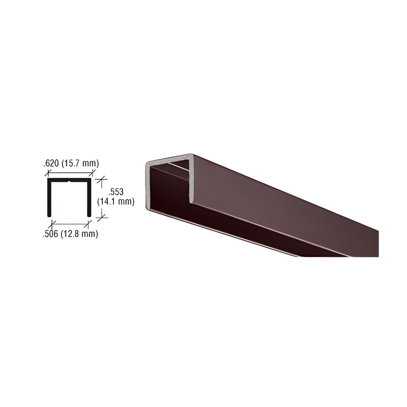 A dark bronze anodized aluminum U-channel shown with a technical cross-section diagram displaying its 0.506-inch opening and 0.62-inch width.