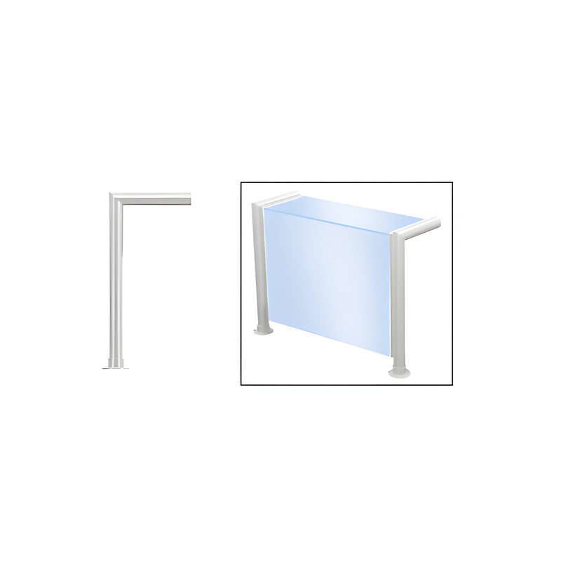 A diagram showing the polished stainless steel tubing and a completed sneeze guard assembly with top and front glass panels.