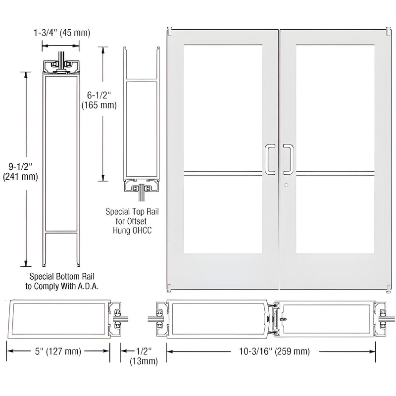 Technical diagram showing the profile dimensions and elevation of a pair of Series 550 wide stile offset pivot entrance doors.