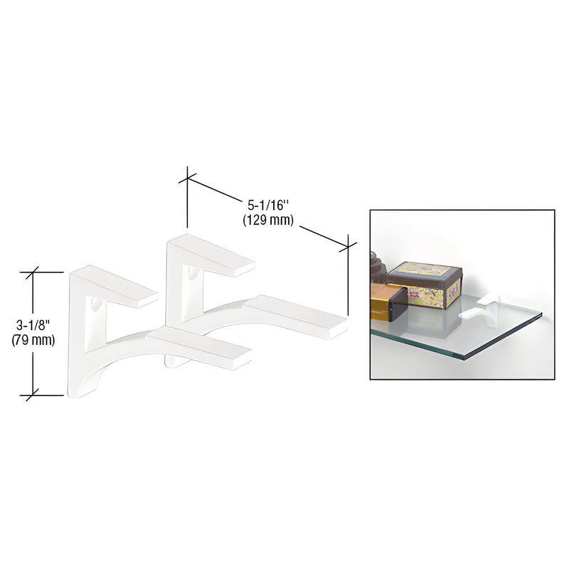 A technical diagram showing dimensions for a white aluminum shelf bracket alongside an inset photo of the bracket supporting a glass shelf.