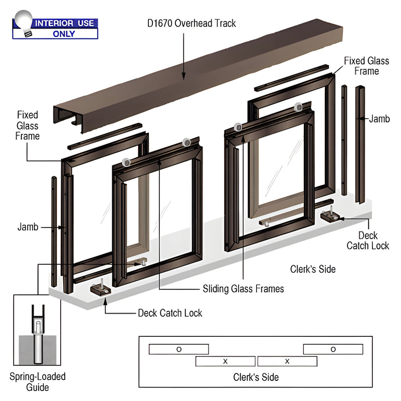 An exploded view diagram of the CRL Diane Model horizontal sliding pass-thru assembly showing the OXXO configuration and D1670 overhead track components.