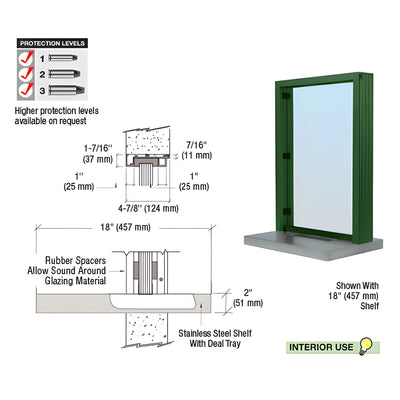 CRL KYNAR® Painted (Specify) Aluminum Standard Inset Frame Interior Glazed Exchange Window with 18" Shelf and Deal Tray